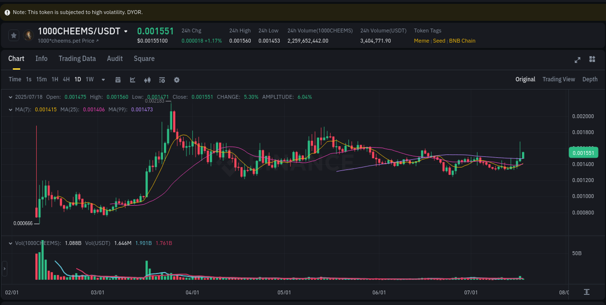Review performance indicators: 1000CHEEMS bullish trend on Binance, 18 July 2025, 15:31 Performance metrics: 1000CHEEMS bullish move on Binance, 18 July 2025, 15:31