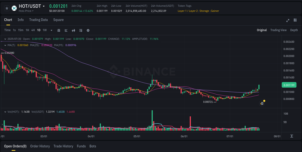 Binance pump overview for HOT, captured at 20 July 2025, 08:25
