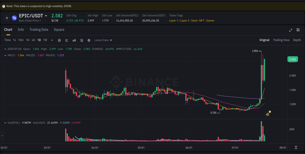 Binance exchange insights for EPIC, 20 July 2025, 17:23