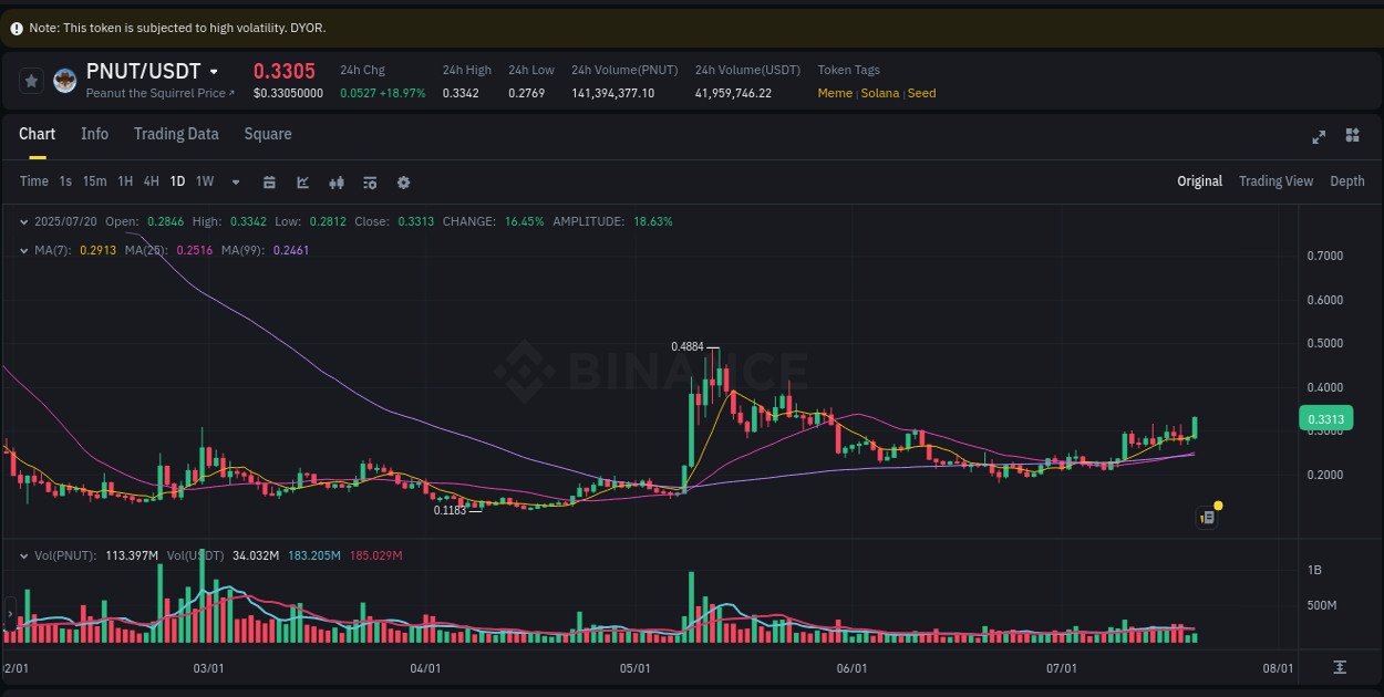 Liquidity analysis: PNUT pump execution on Binance, 20 July 2025, 18:18