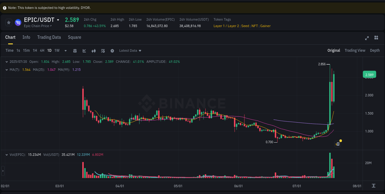 Crypto trading report: EPIC pump on Binance, 20 July 2025, 21:46