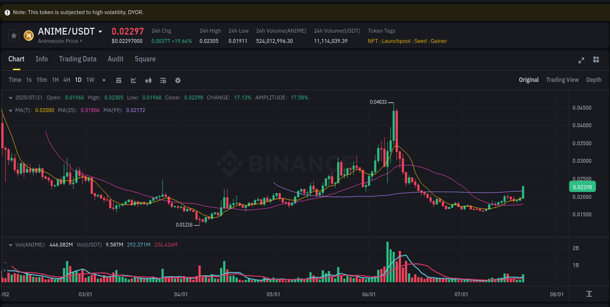 Crypto trading analysis: ANIME pump on Binance, 21 July 2025, 11:50