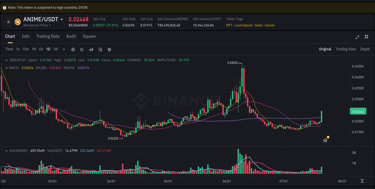 Pump report for ANIME on Binance at 21 July 2025, 13:37