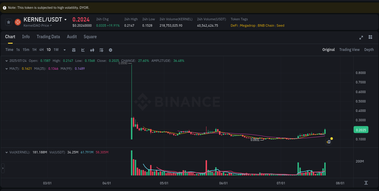 Real-time report of KERNEL pump on Binance, 24 July 2025, 17:32