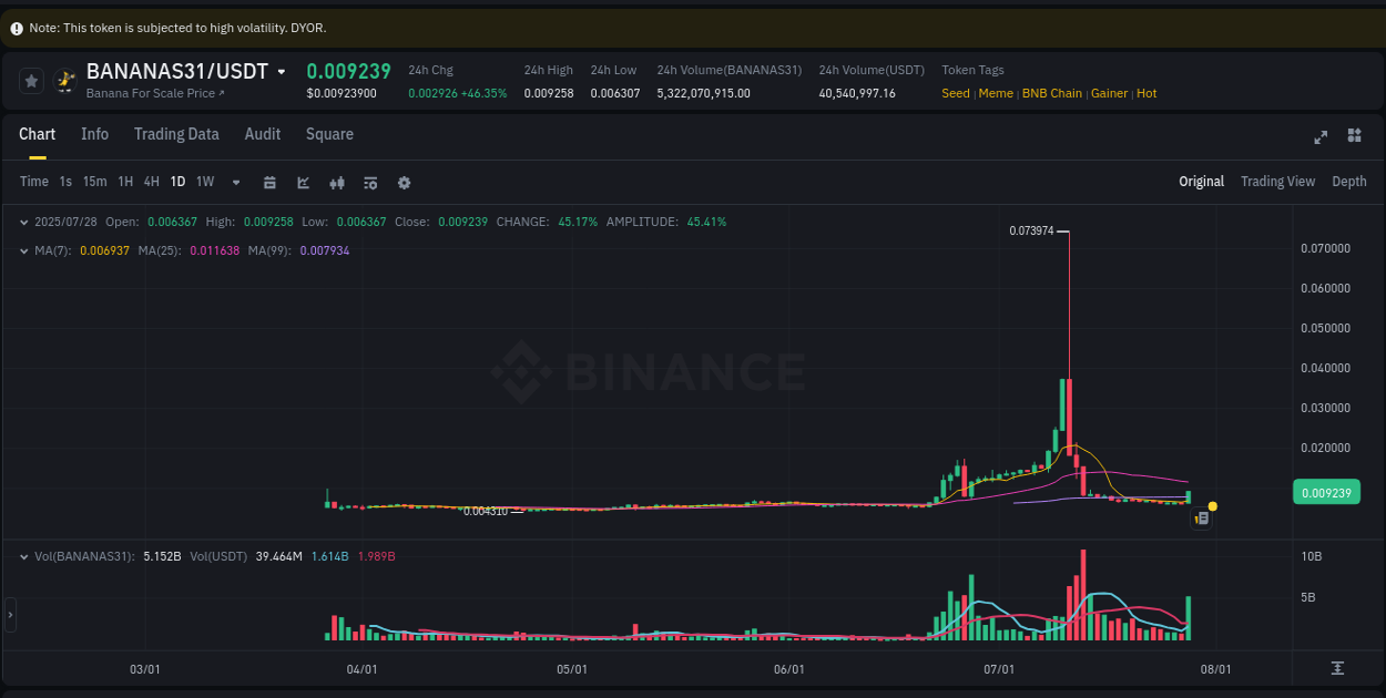 Report of BANANAS31 pump on Binance at 28 July 2025, 18:57