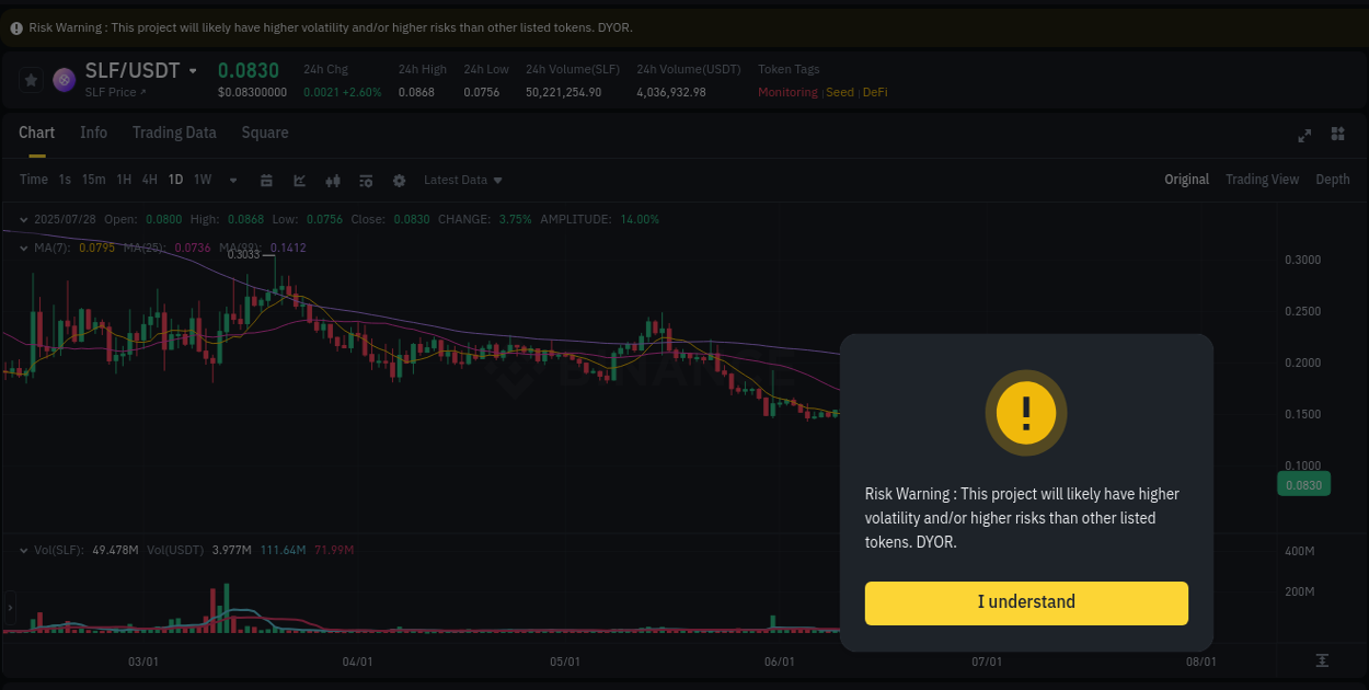 Binance pump report for SLF on 29 July 2025, 00:49