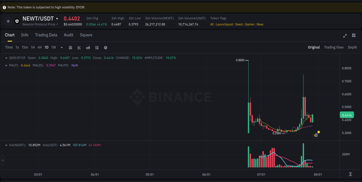 Market analysis: NEWT pump on Binance at 29 July 2025, 02:50
