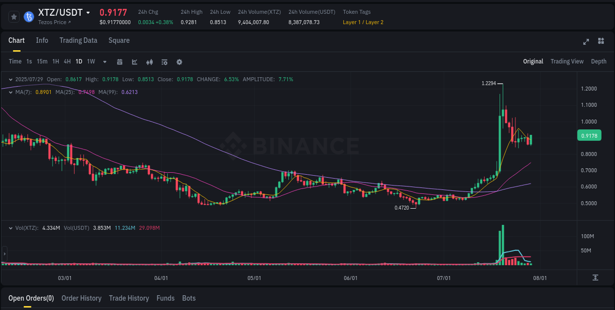 Binance pump overview for XTZ, captured at 29 July 2025, 06:04