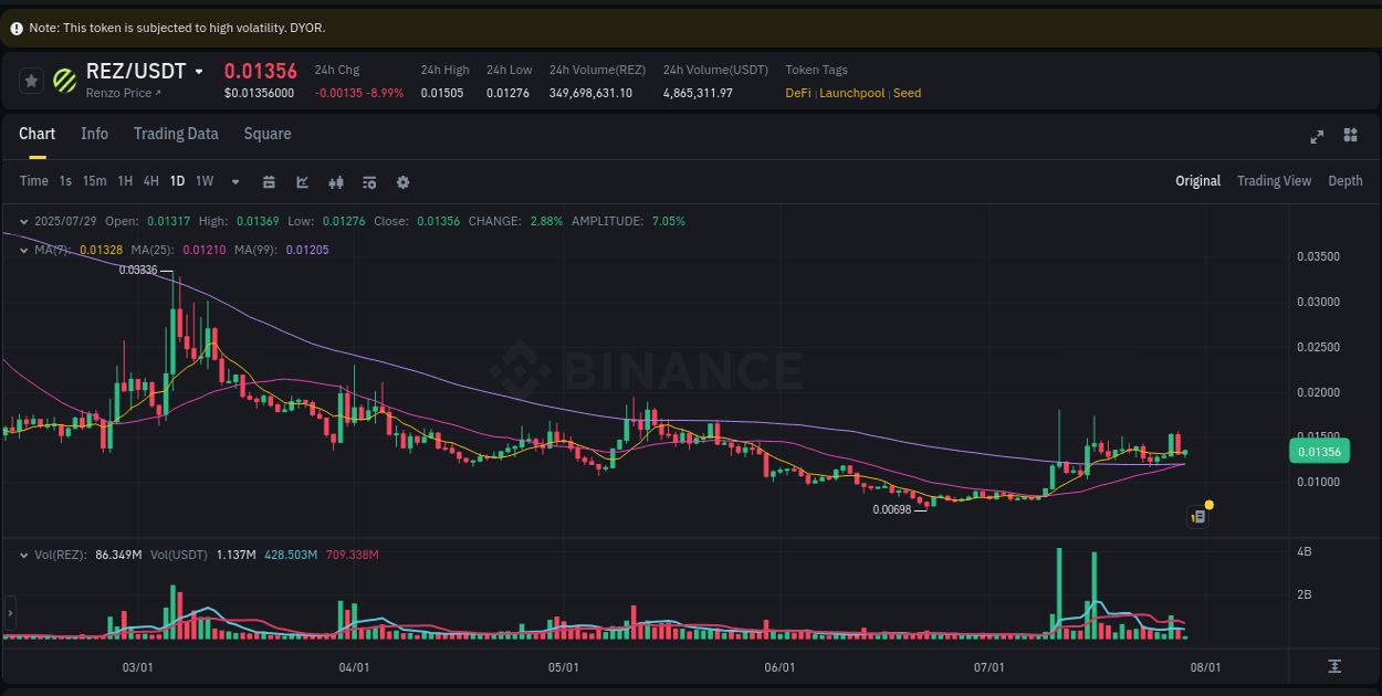 Binance pump analysis for REZ, 29 July 2025, 08:18