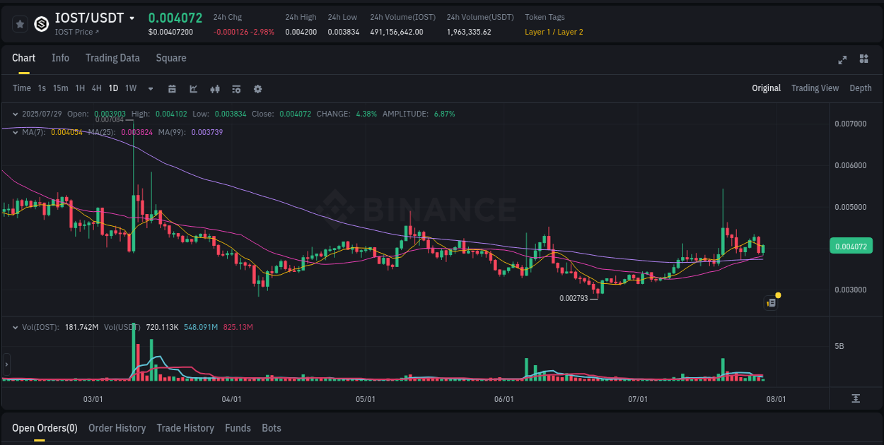 Crypto pump insights: IOST on Binance, 29 July 2025, 08:24