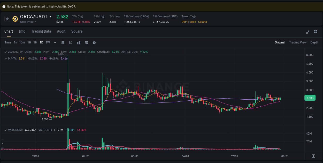 Volume profile analysis: ORCA pump acceleration on Binance, 29 July 2025, 08:56