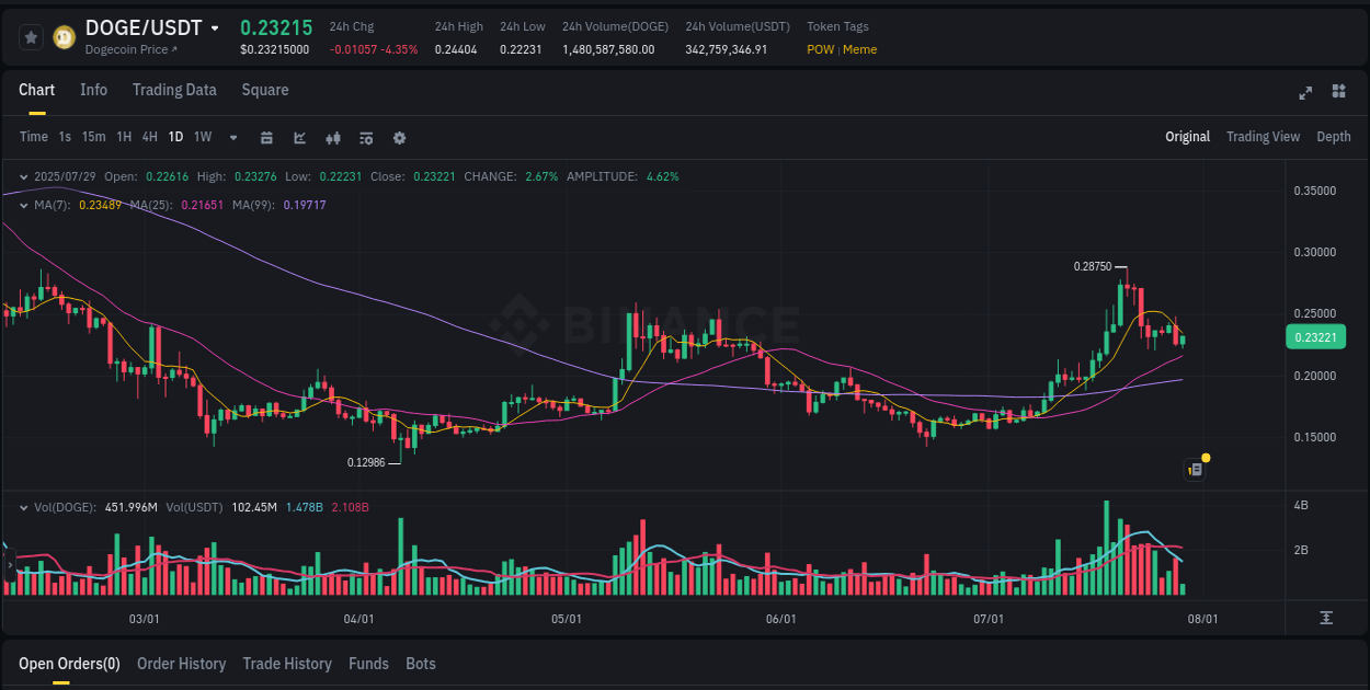 DOGE price surge report from Binance, timestamp: 29 July 2025, 09:52