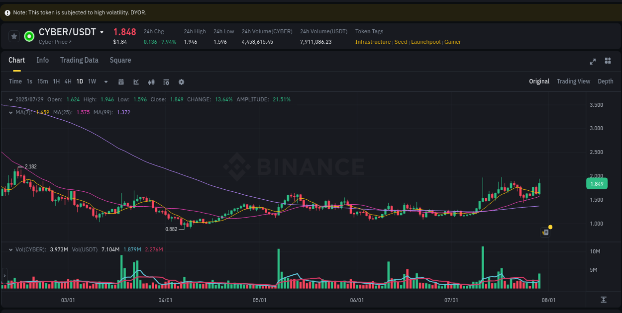 Trading data insight: CYBER pump report from Binance, 29 July 2025, 15:29