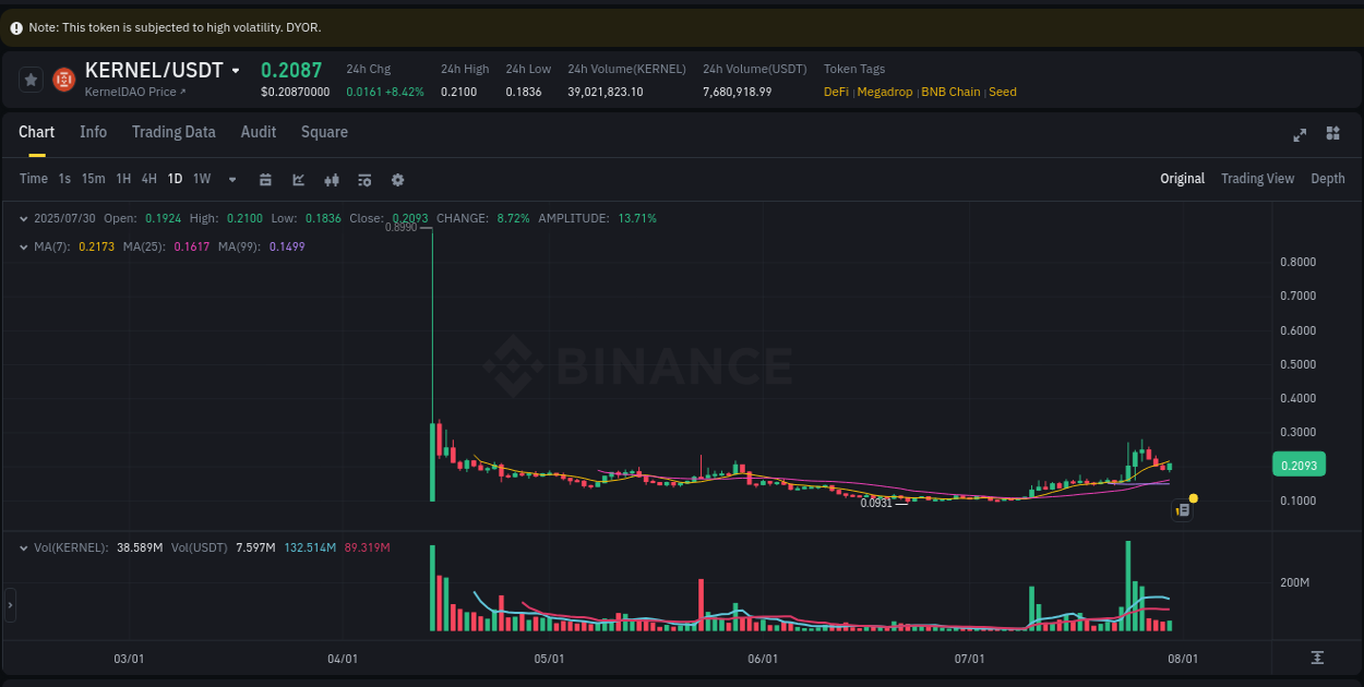 Binance pump report for KERNEL on 31 July 2025, 01:20