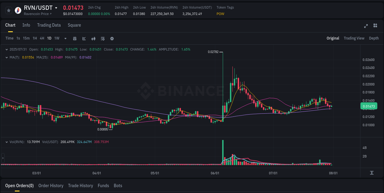 Real-time analytics of RVN pump on Binance, 31 July 2025, 05:50