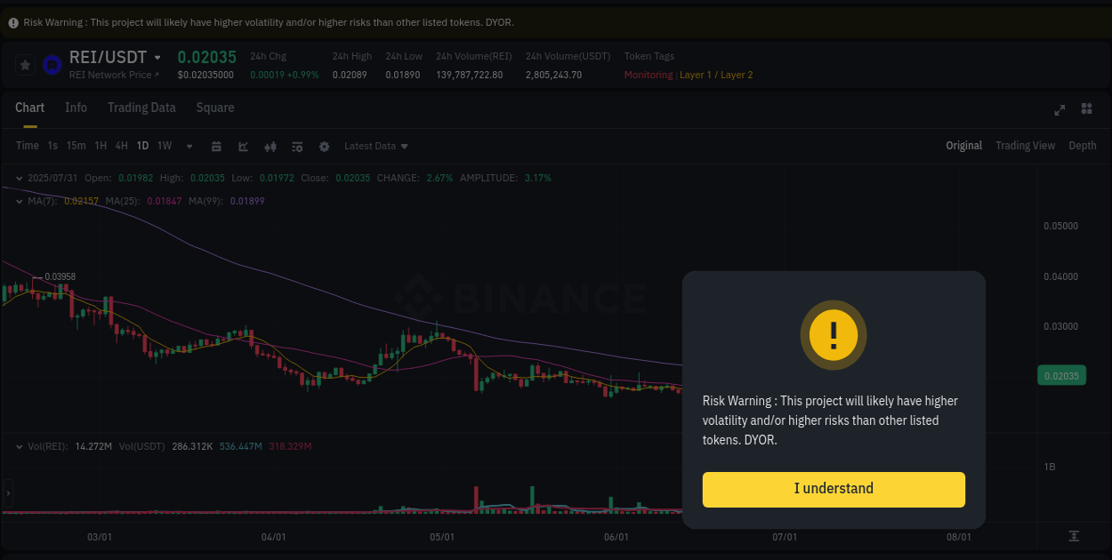 Price action study: REI momentum shift on Binance, 31 July 2025, 07:27