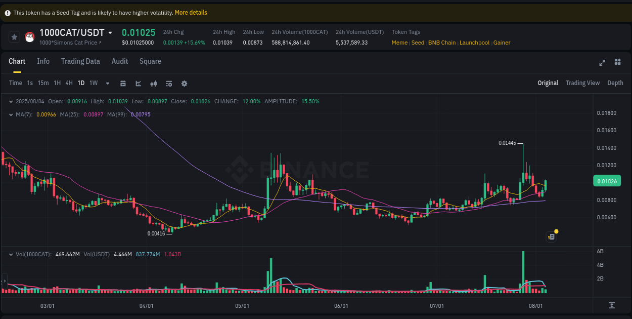 Crypto market update: 1000CAT pump on Binance, 04 August 2025, 18:09