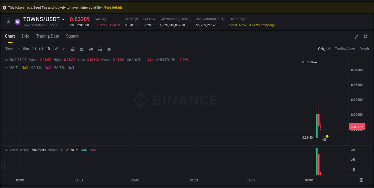 TOWNS price movement analysis on Binance, 07 August 2025, 14:35