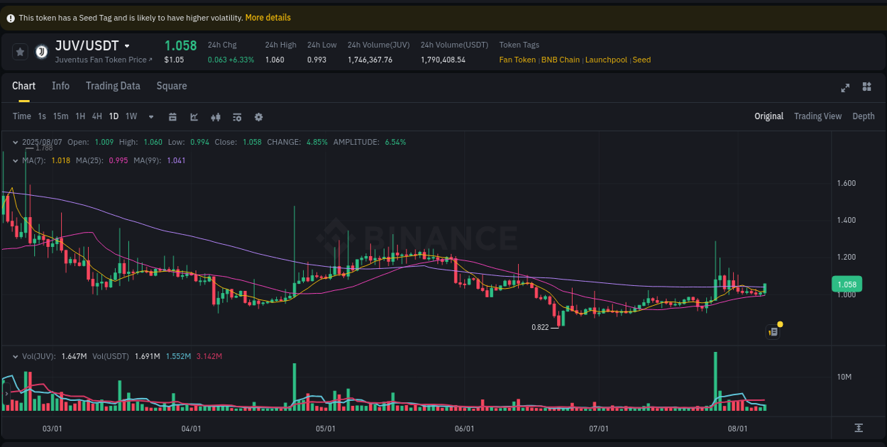 Market efficiency: JUV price discovery on Binance, 07 August 2025, 22:04