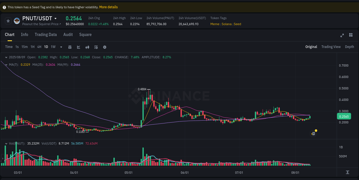Crypto pump insights: PNUT on Binance, 09 August 2025, 10:38
