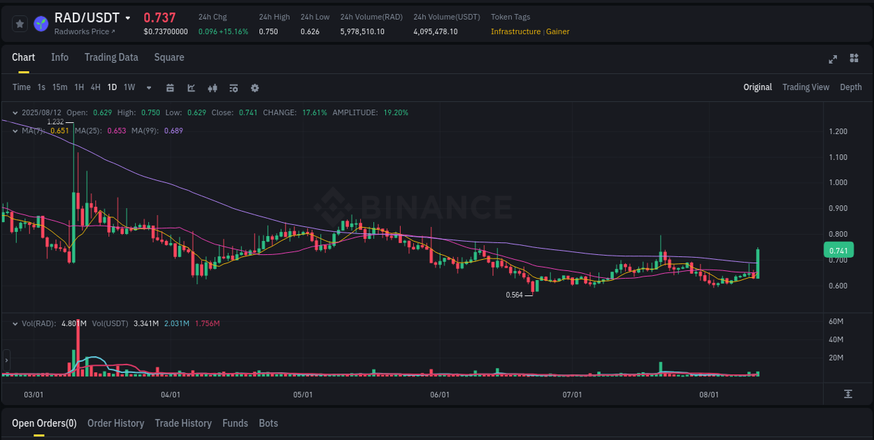 Binance pump overview for RAD, captured at 12 August 2025, 13:29