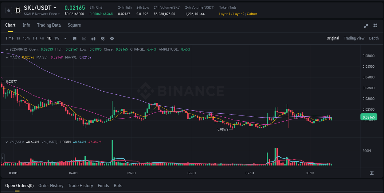 Binance pump report for SKL on 12 August 2025, 21:38