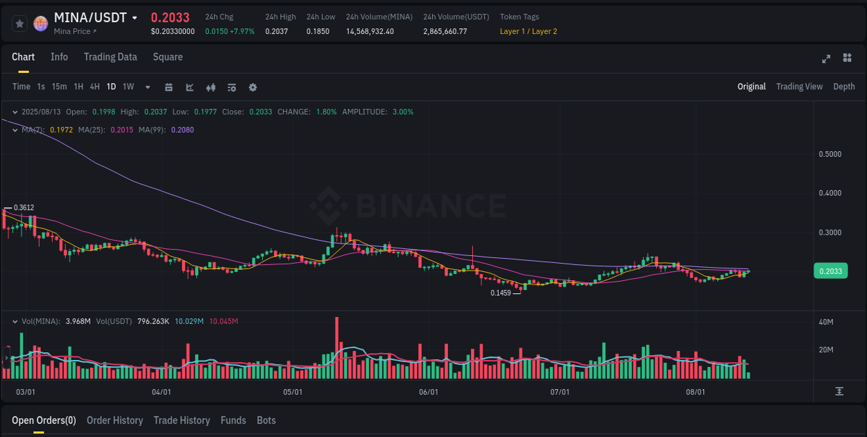 Examine technical patterns: MINA bullish explosion on Binance, 13 August 2025, 10:16 Technical breakdown: MINA bullish breakout on Binance, 13 August 2025, 10:16