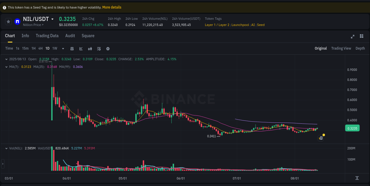 View the price movement analysis of NIL on Binance, 13 August 2025, 12:25 NIL price movement analysis on Binance, 13 August 2025, 12:25