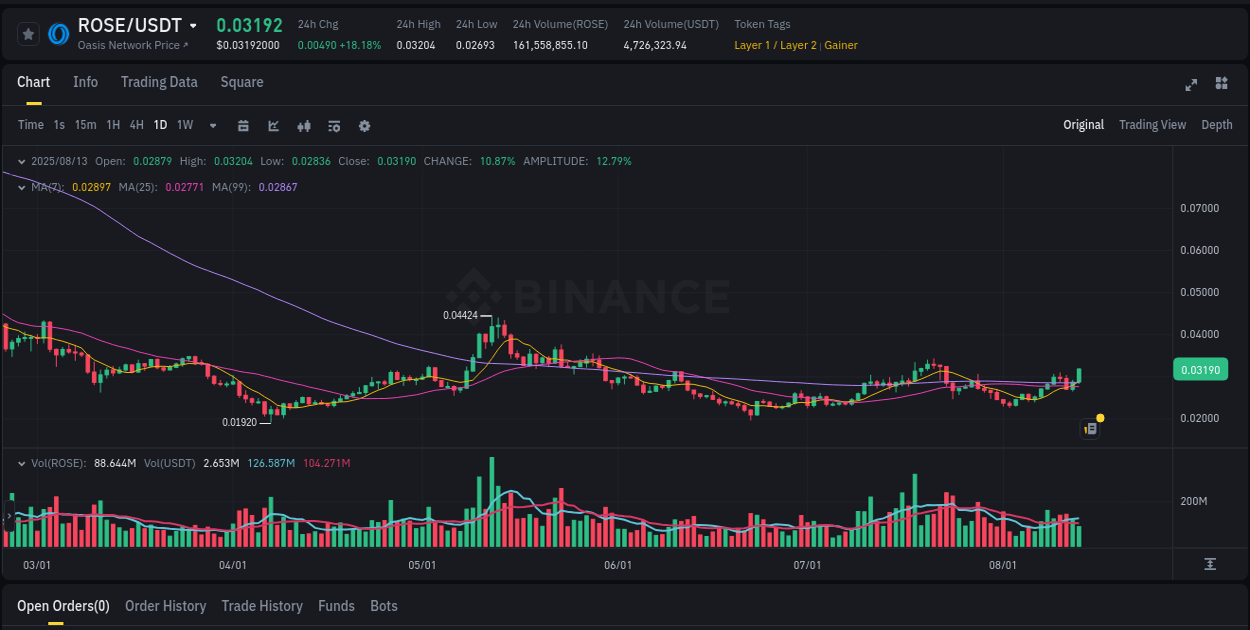 Evaluate price action: ROSE momentum breakout on Binance, 13 August 2025, 14:03 Price action study: ROSE momentum shift on Binance, 13 August 2025, 14:03