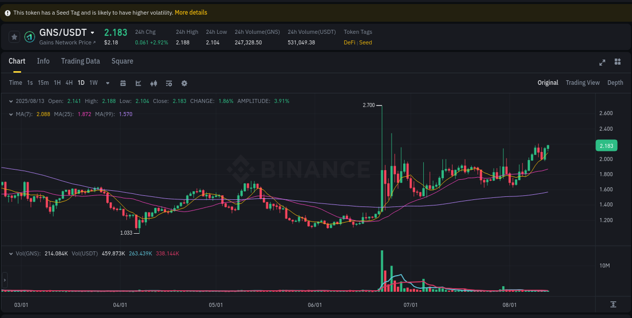 View the trading report for GNS pump on Binance, 13 August 2025, 21:24 Binance trading data for GNS pump, 13 August 2025, 21:24
