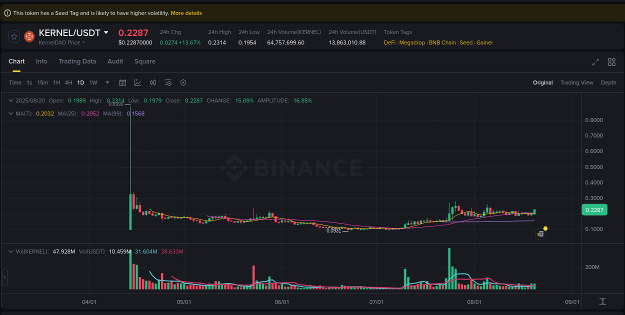 Binance pump report for KERNEL on 20 August 2025, 16:50