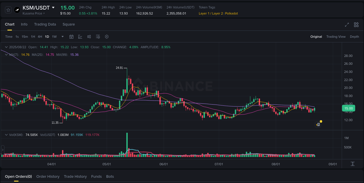 Market trend report: KSM pump on Binance at 22 August 2025, 16:29