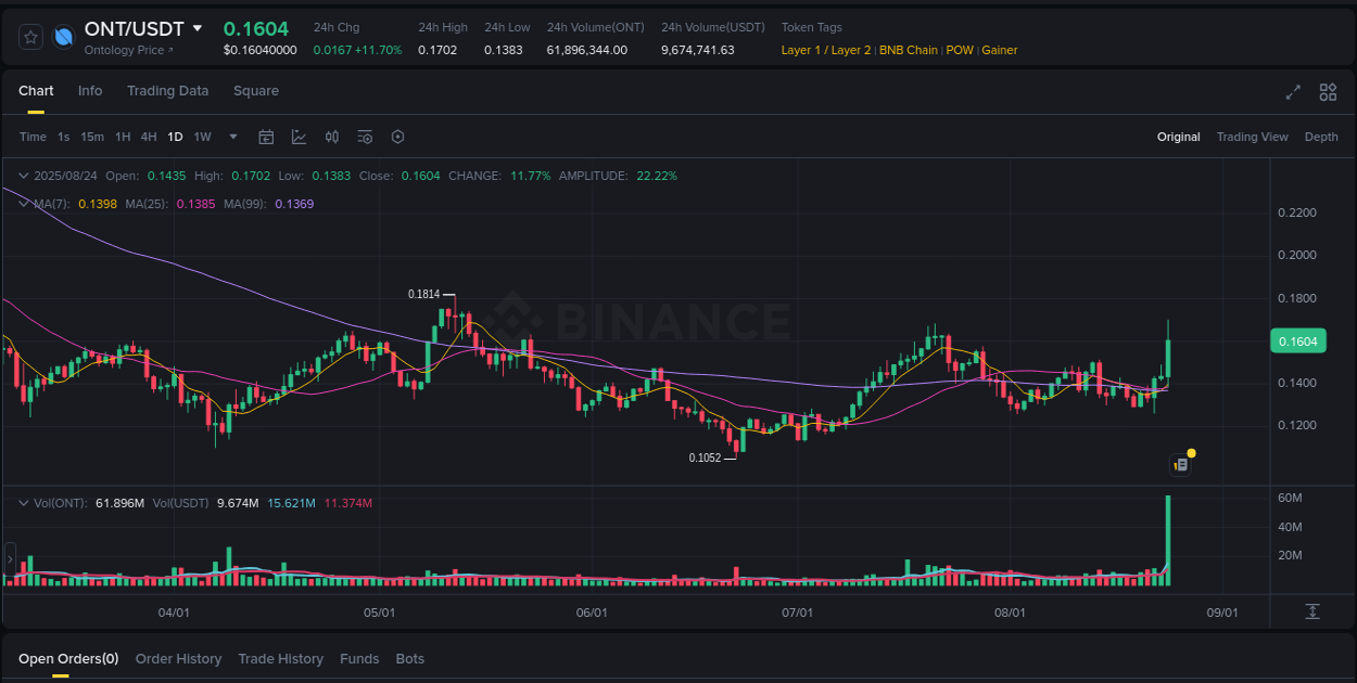 Binance pump report for ONT on 25 August 2025, 01:35