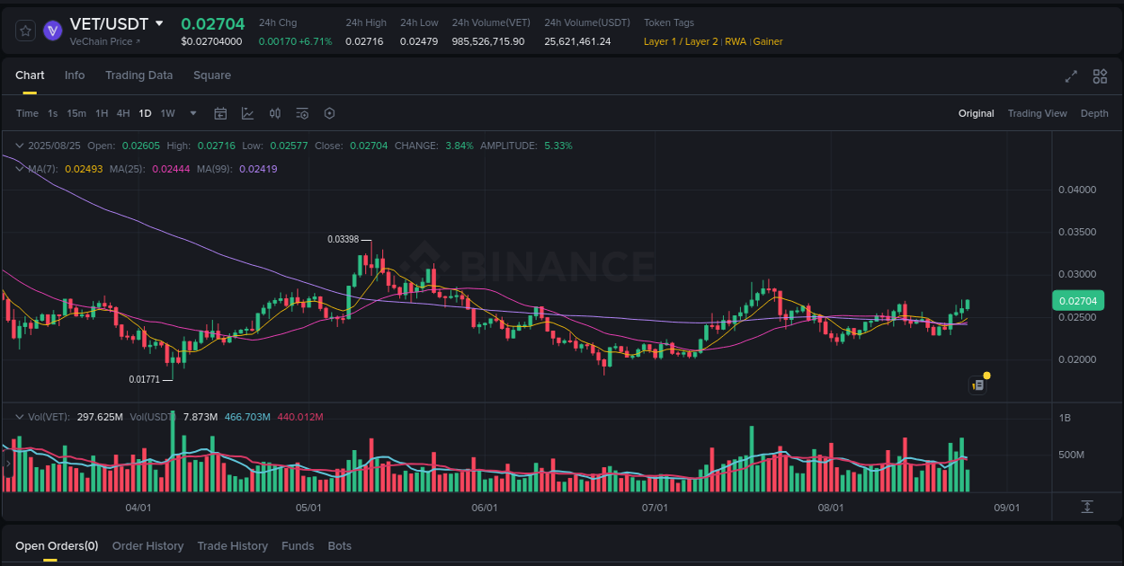 Binance pump overview for VET, captured at 25 August 2025, 06:09