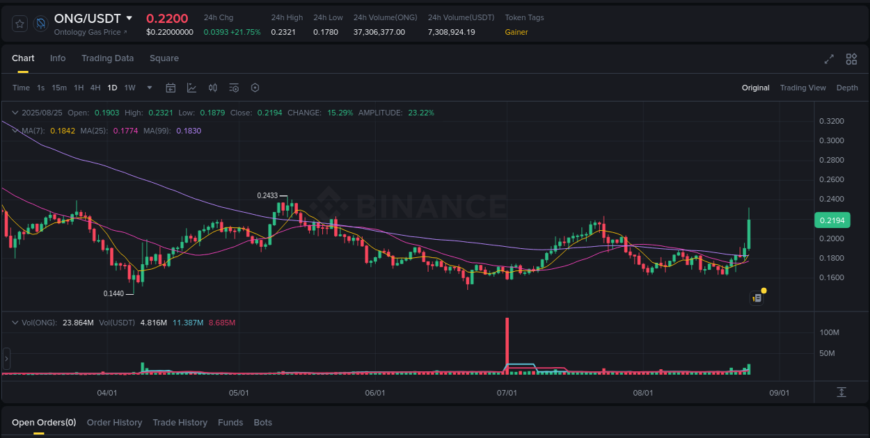 Detailed analysis of ONG's price surge on Binance, 25 August 2025, 06:32