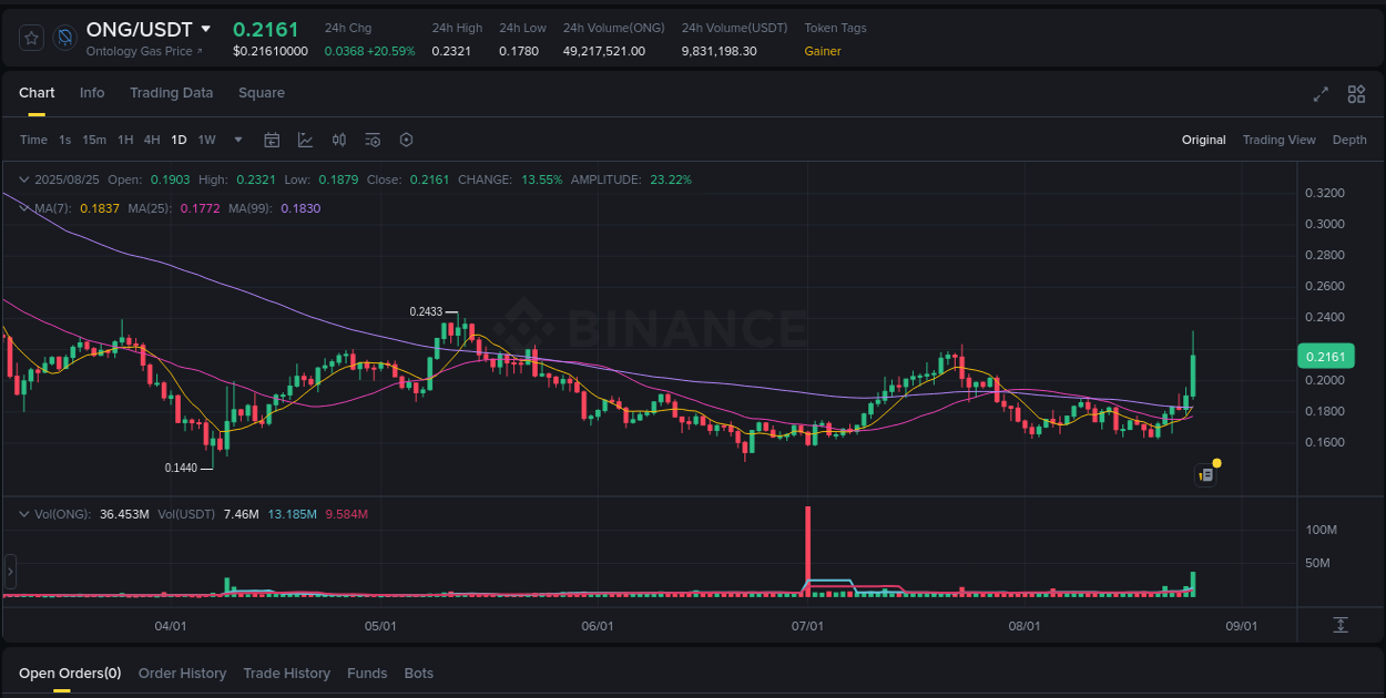 Crypto price movement update: ONG on Binance, 25 August 2025, 08:34