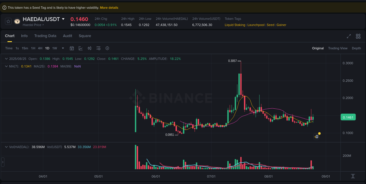 Crypto trading analysis: HAEDAL pump on Binance, 25 August 2025, 18:15