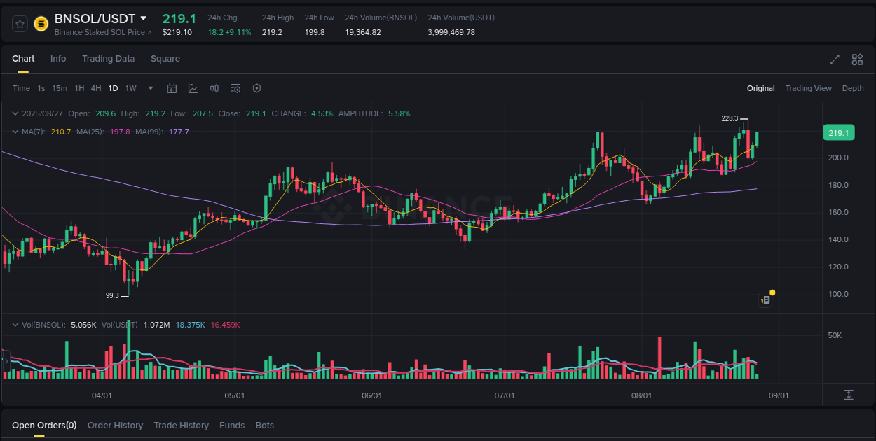 Binance pump overview for BNSOL, captured at 27 August 2025, 06:13