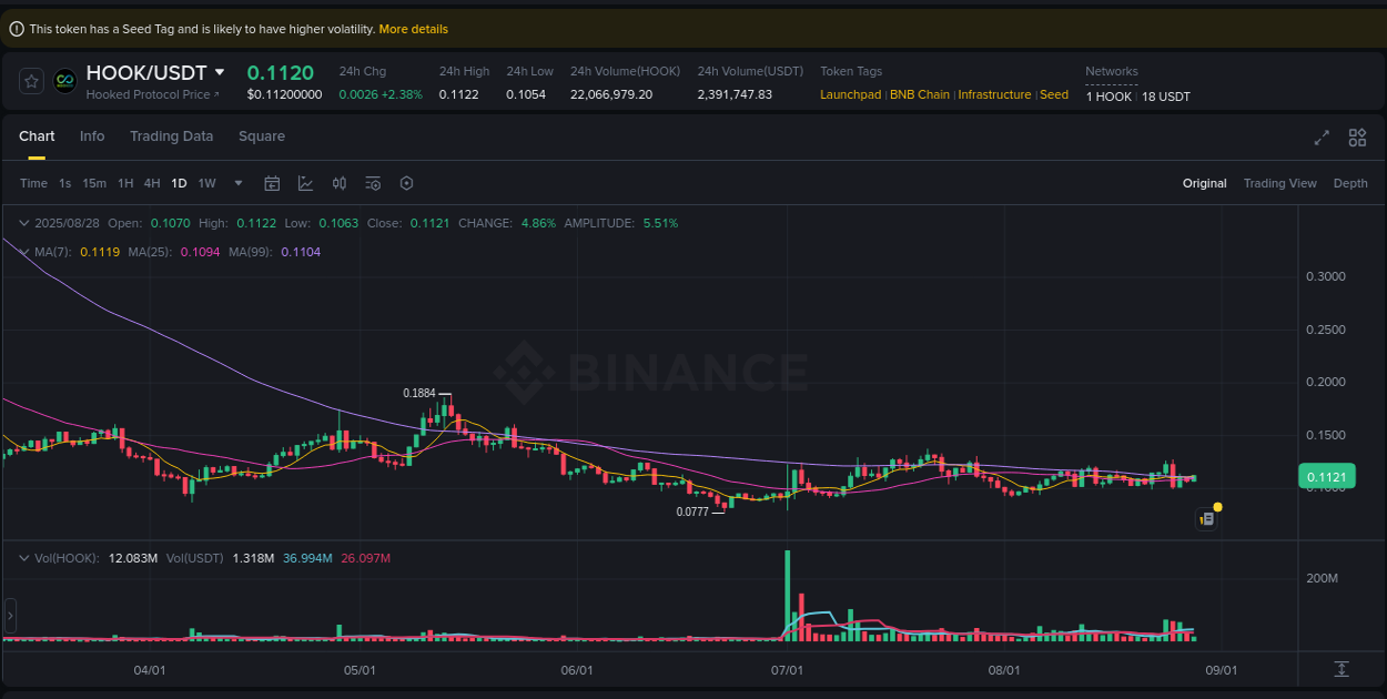 Crypto pump insights for HOOK on Binance, 28 August 2025, 16:39