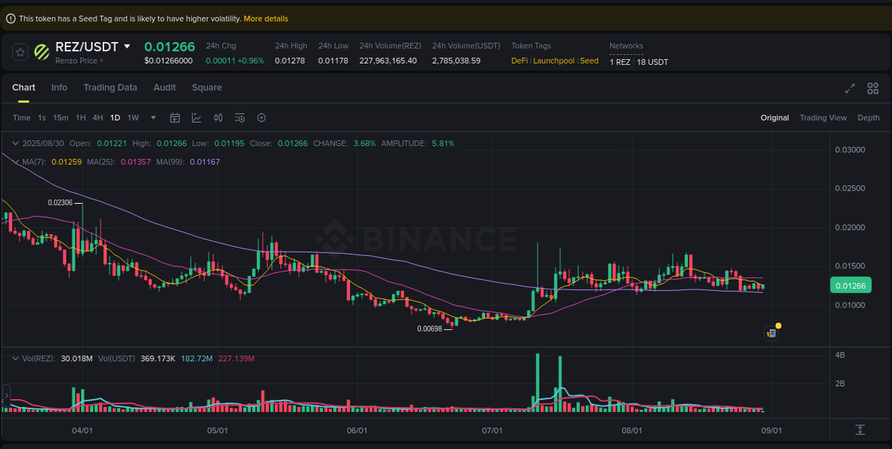 Binance pump data for REZ at 30 August 2025, 07:33
