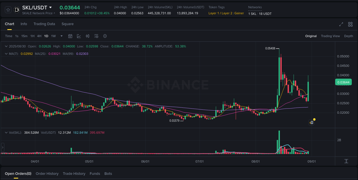 Trading data insight: SKL pump report from Binance, 30 August 2025, 11:40