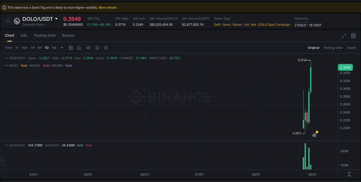 Detailed analysis of DOLO's price surge on Binance, 31 August 2025, 10:44