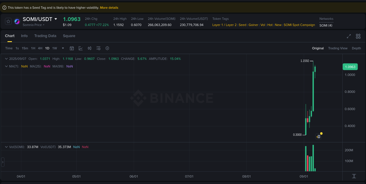 Binance pump data for SOMI at 07 September 2025, 05:21