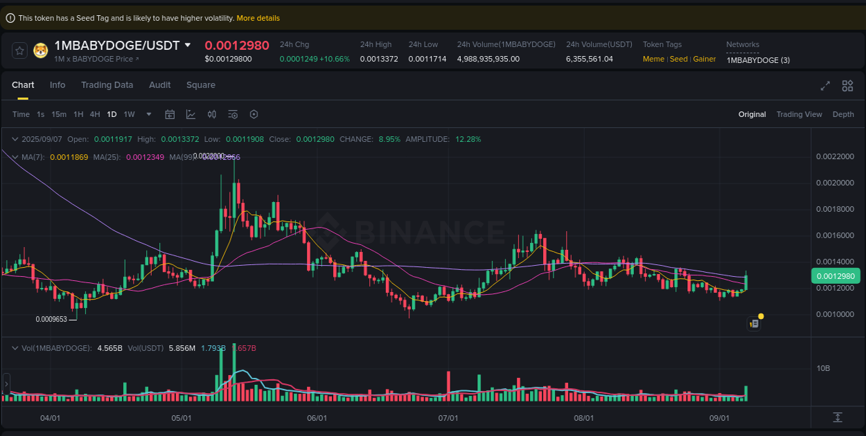 Detailed analysis of 1MBABYDOGE's price surge on Binance, 07 September 2025, 12:52