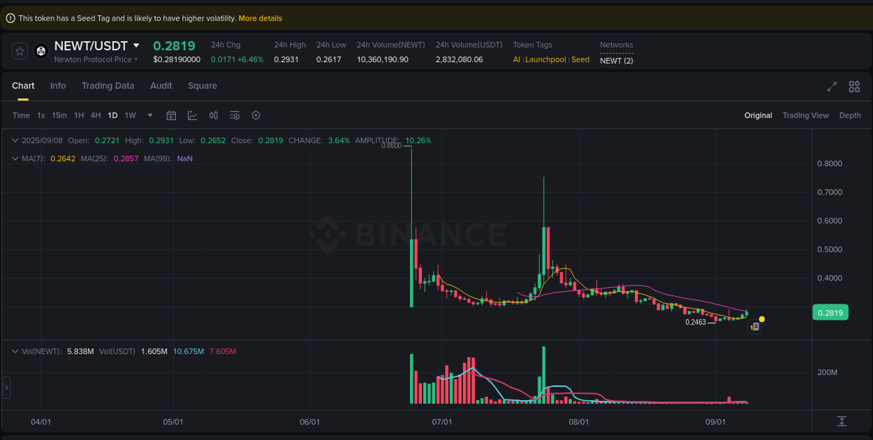 Binance trading report for NEWT pump, 08 September 2025, 13:17