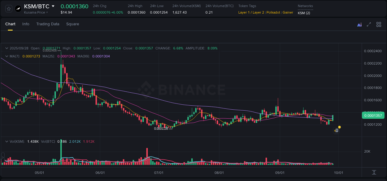 Binance pump overview for KSM, captured at 28 September 2025, 17:32
