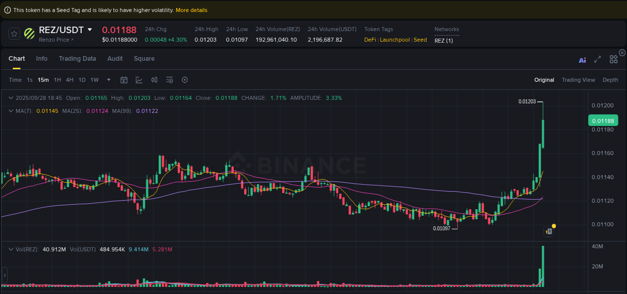 Crypto pump insights for REZ on Binance, 28 September 2025, 18:57