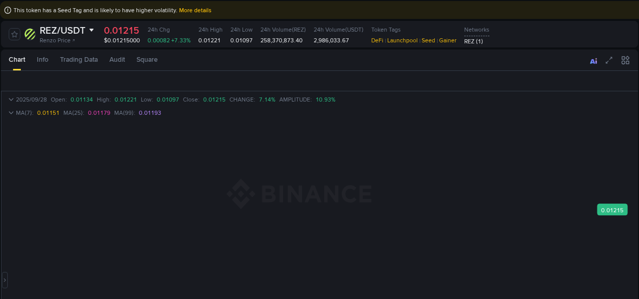 Algorithmic detection: REZ price explosion on Binance, 28 September 2025, 20:04