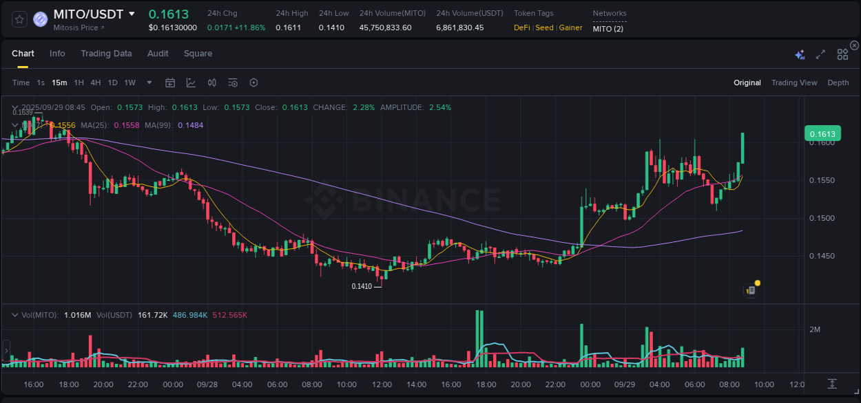 Crypto trading report: MITO pump on Binance, 29 September 2025, 08:56