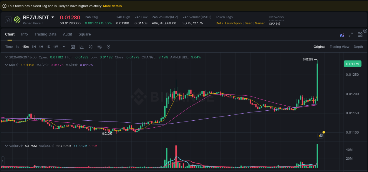 Binance pump statistics for REZ at 29 September 2025, 15:05